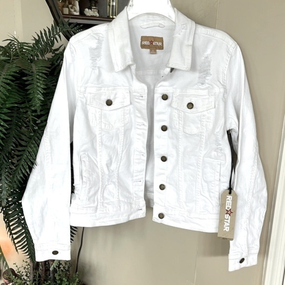 Brand New Red Star White Denim Button Up Collar Jean Jacket Distressed Cotton - Picture 15 of 15